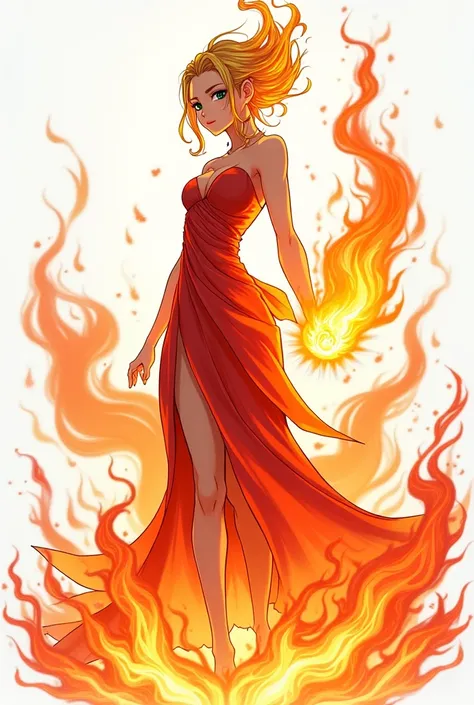 god/kami of fire, standing, power, fire girl, white background, anime girl