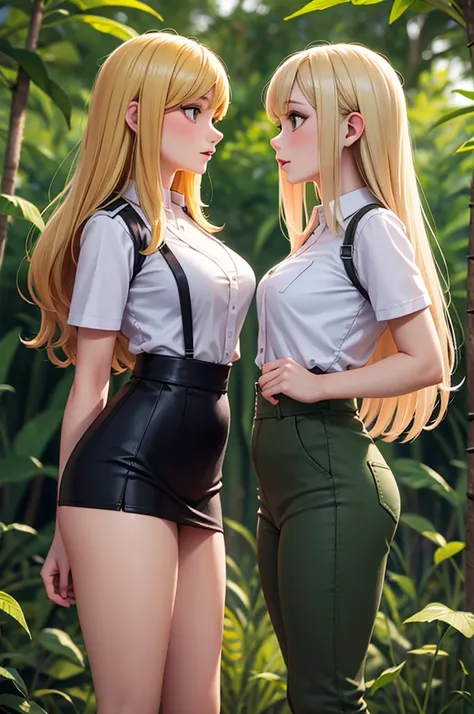 two young female adults with blonde hair in a jungle in green-brown nudy revealing expeditional uniforms