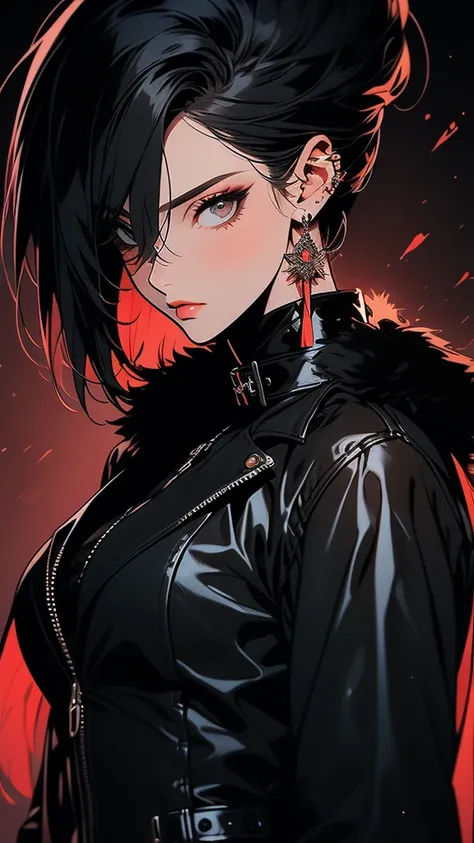 A  closeup portrait of a noble yet rebellious young woman with short, sleek black hair styled in a sharp bob that grazes just below her jawline. She wears a luxurious, form-fitting black leather outfit with intricate red accents, including a high-necked to...