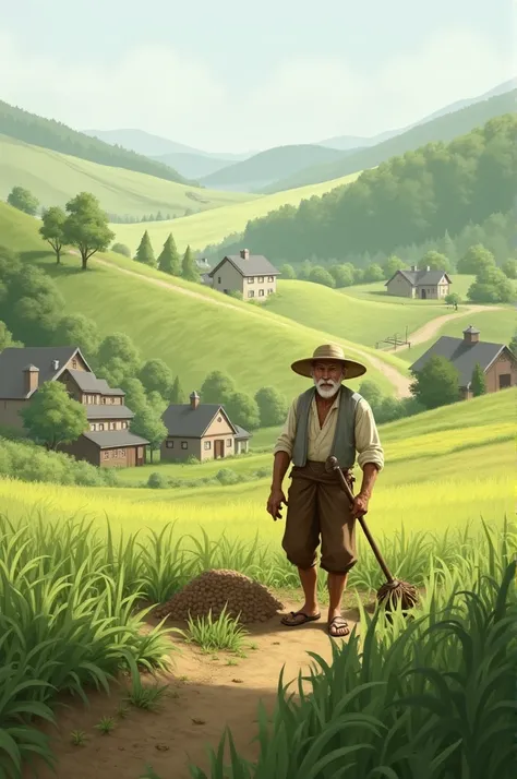 A peaceful village scene with a small field, showing a hardworking farmer in traditional attire, working on his crops.