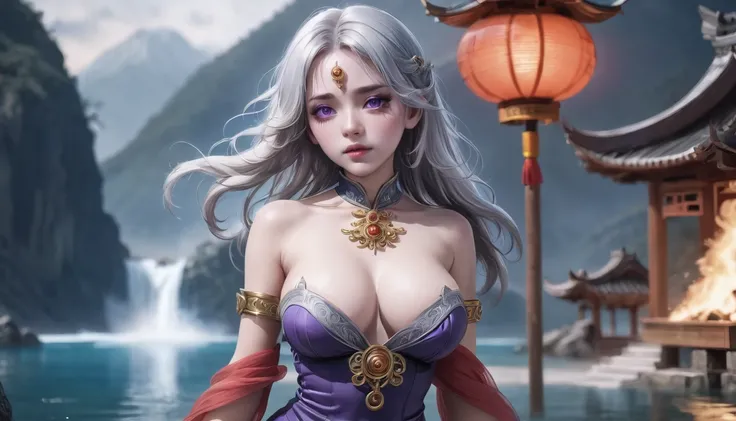 high quality,HD,16K,Sharp Line,1 Girl,fantasy, （Fire and Ice Spirits）,Pretty Face, Large Breasts, Beautiful legs,In the water,Focus Girl,detailed Pretty Face,Detailed clothes,beautiful eyes,Cool,Sexy,Dynamic Angle,穿着华服的神明Strike a pose拍照, Ancient mysterious...