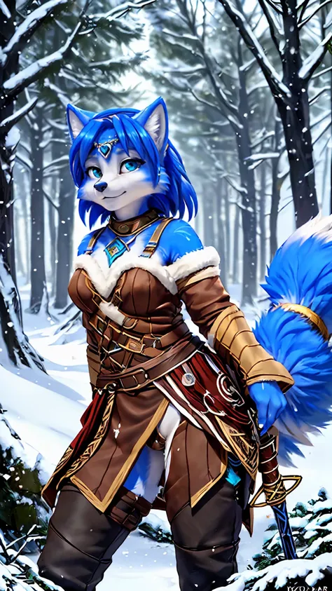 a picture of ((krystal)), star fox krystal, lovable, green eyes, medium breasts, (((long blue hair 1.3))), decollete, anthro, fu...