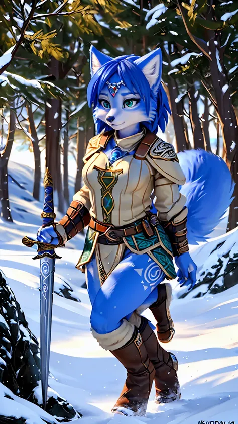 a picture of ((krystal)), star fox krystal, lovable, green eyes, medium breasts, (((long blue hair 1.3))), decollete, anthro, fu...