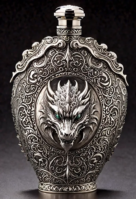 Description: This ornate silver flask is adorned with intricate engravings of ice crystals and Bahamuts draconic visage. The stopper is shaped like a miniature platinum dragons head. When worn on the belt, it emanates a subtle chill, and occasionally a sof...