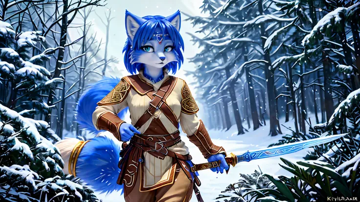 a picture of ((krystal)), star fox krystal, lovable, green eyes, medium breasts, (((long blue hair 1.3))), decollete, anthro, fu...