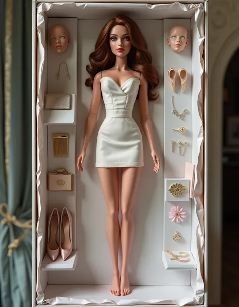 A life-sized real doll is displayed in her original, unopened packaging, with an eerily lifelike appearance that blurs the line between doll and human. Her skin has a soft, realistic texture, and her features are meticulously detailed—glossy eyes that seem...