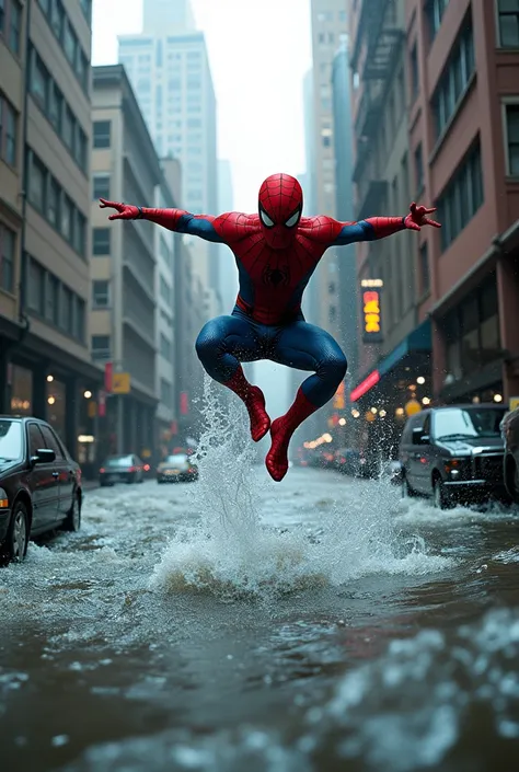 Spiderman survive Flood in the city 