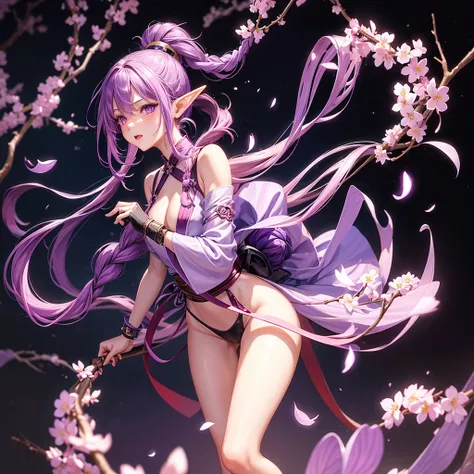 woman, 17 years, bright skin, long purple hair braided into one ponytail, purple eyes, white yukata with open legs and sakura petals, slim, nice legs, black belt, black gloves, purple sakura flowers, purple long cloak, detailing,  perfect, red and black br...