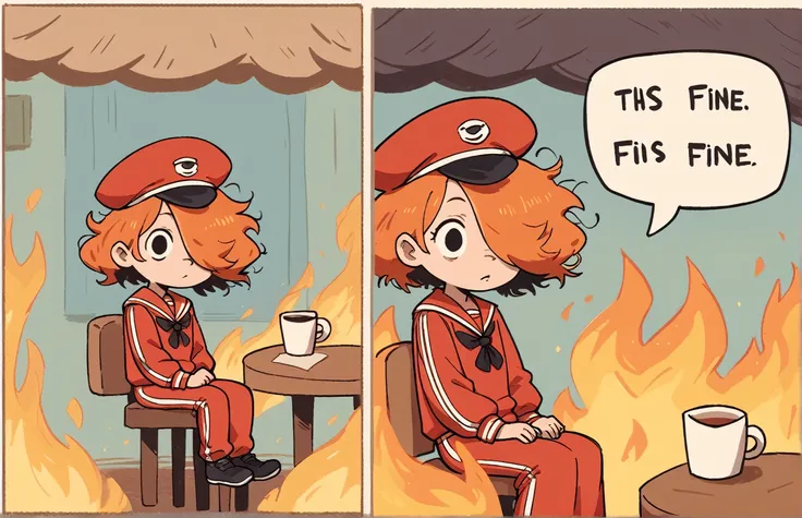 score_9, score_8_up, score_7_up, 2koma, comic, fire, sitting, speech bubble, burning, table, chair, cup, hair over eye, orange h...