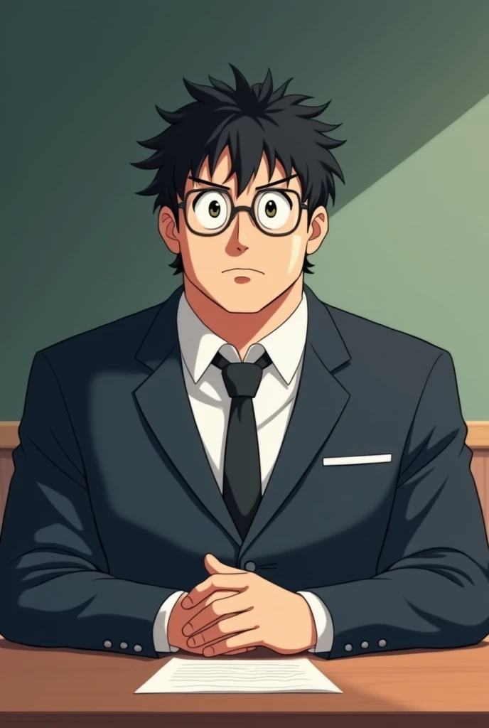 young chubby male teacher with glasses anime serious and sitting behind table more anime slightly slimmer slightly older wearing suit black hair more chubby