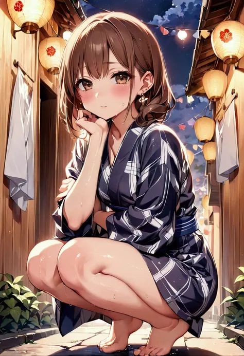 高いquality illustration, masterpiece, Very delicate and beautiful, Slender body, Anime Style, Beautiful Eyes, masterpiece, Highest quality, High resolution, Very detailed, Perfect lighting、Very young、1 female、night、festival，blush、Wet、he、yukata、Brown Hair、Ea...