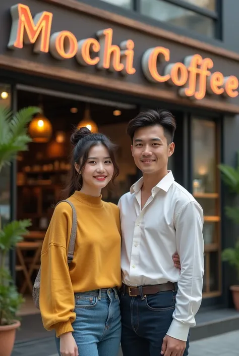 Take me a realistic and nice photo of a beautiful young couple thai man and young woman. The woman with messy a bun hair happy face looking to the viewer ,standing in front of a big cafeteria from the outside where the name Mochi Coffee can be seen.  