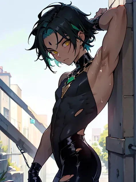 ((The finer details)), Best Shadow,Cinema Lighting,Highest quality,((Very detailed))　masterpiece　The body is slim　Embarrassing　Emerald Hair　Yellow Eyes　Torn tights　Electricity began　get wet　Big eyes　thin　The suit was torn　Upper body naked　sweating　Delicate...