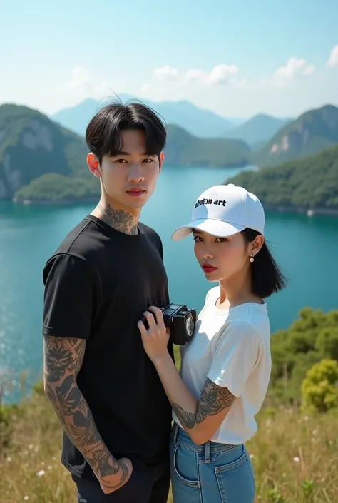 a tattooed couple aged 30, Korean face. Neat black hair. stand. Wearing a white shirt, white baseball cap with writing"Adesign Art". white shorts, white shoes,  camera in his hand, Stealing attention with the background of the island cluster, natural panor...