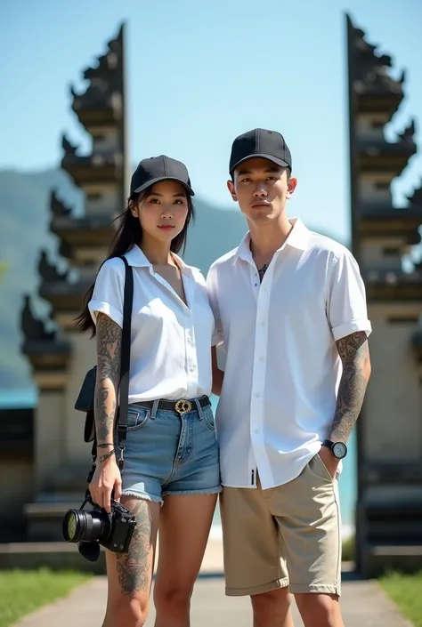 a tattooed couple aged 30, Korean face. Neat black hair. stand. Wearing a white shirt, white baseball cap. Shorts, black shoes,  camera in his hand, Steal attention with the backdrop of the panoramic Balinese beach and Balinese statues.. The wide angle per...