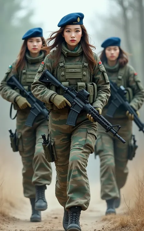 Ultra-high resolution，High-resolution details，Chinese female peacekeepers,  (1 Chinese female soldier，Super beautiful，Super white skin，Super white face), (Wearing Army Camouflage Uniform Camouflage Pants，Wearing a blue peacekeeping hat), Large breasts, (Ta...