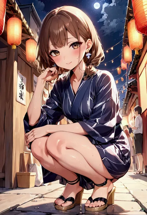 高いquality illustration, masterpiece, Very delicate and beautiful, Slender body, Anime Style, Beautiful Eyes, masterpiece, Highest quality, High resolution, Very detailed, Perfect lighting、Very young、1 female、night、festival，blush、Wet、he、yukata、Brown Hair、Ea...