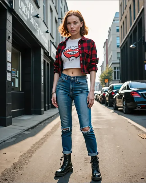 Main Prompt:
Generate an image of a redhead woman wearing high-waisted jeans paired with a crop top, a flannel shirt, and combat boots. She stands confidently on a street, showcasing freckles and embodying an editorial award-winning design. The model shoul...