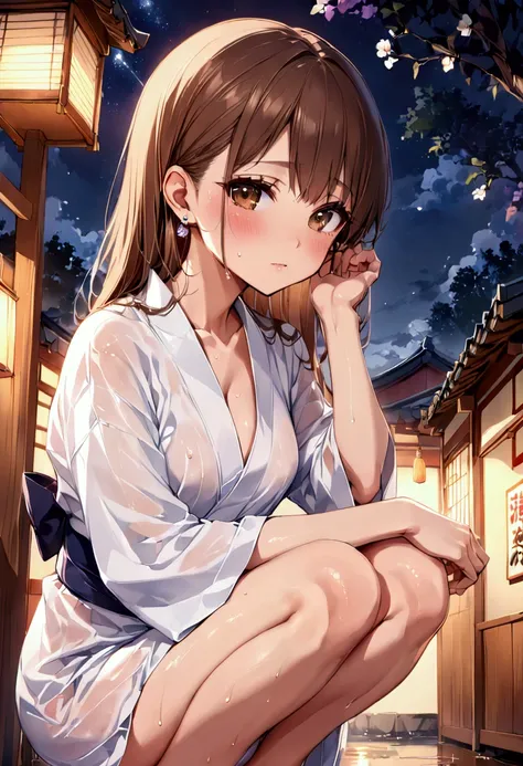 高いquality illustration, masterpiece, Very delicate and beautiful, Slender body, Anime Style, Beautiful Eyes, masterpiece, Highest quality, High resolution, Very detailed, Perfect lighting、Very young、1 female、night、festival，blush、Wet、he、yukata、Brown Hair、Ea...