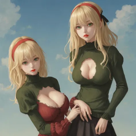 Yoroha number. Type 2B, 3 girls, Wallop, Big breasts, Cleavage, Cleavage cutout, Clothing tailoring, Green background, Hair between the eyes, Headbands, High resolution, Juliet sleeves, Long sleeve, Neil (series), They do not sleep,  puffy sleeves, red lip...