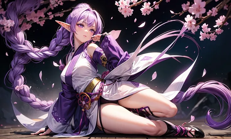 woman, 17 years, bright skin, long purple hair braided into one ponytail, purple eyes, white yukata with open legs and sakura petals, slim, nice legs, black belt, black gloves, purple sakura flowers, purple long cloak, detailing,  perfect, red and black br...