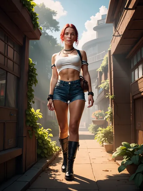 Generate an image of a redhead woman wearing High-waisted shorts with a crop top, choker, and Doc Martens. She walks confidently on a street, showcasing freckles and embodying an editorial award-winning design. The model should be intricately detailed, cap...