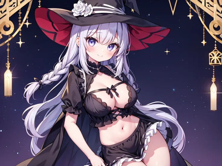 An illustration of a witch wearing a costume with lots of frills. The character is wearing a micro miniskirt with gorgeous frills and is wearing a gothic witch hat with white lace panties visible. The chest, stomach, and braids are visible.
She has a bewit...