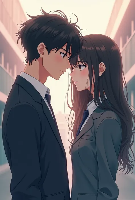 create a poster about a lazy student guy and a girl at high school. both of them wearing school uniform. in anime. make they look more mature. dont make they look close, their body are close but they are not looking at each other because it is sad ending. ...