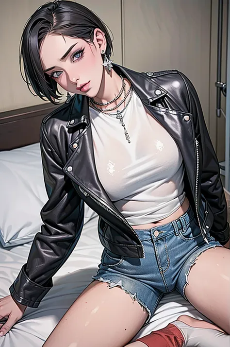 1，black short hair，photorealism，detailed，masterpiece， (lean), young girls，denim shorts、dark leather jacket，1，aldult, (punk girl)...