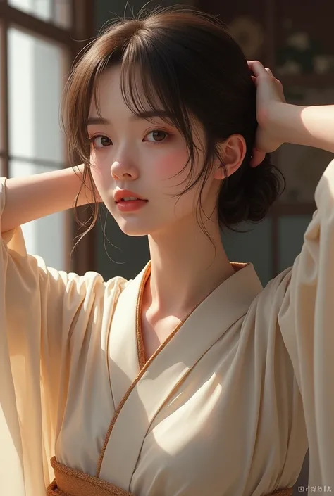 Similar to Japanese actress Kyoko Fukada　Brown hair a little longer than shoulder length、Hold your hair back with your hands、I&#39;m looking at this、Wearing a Japanese-style yukata、The neck is beautiful、Kizi, child, Mother and daughter, mom, mother, ASİAN,...