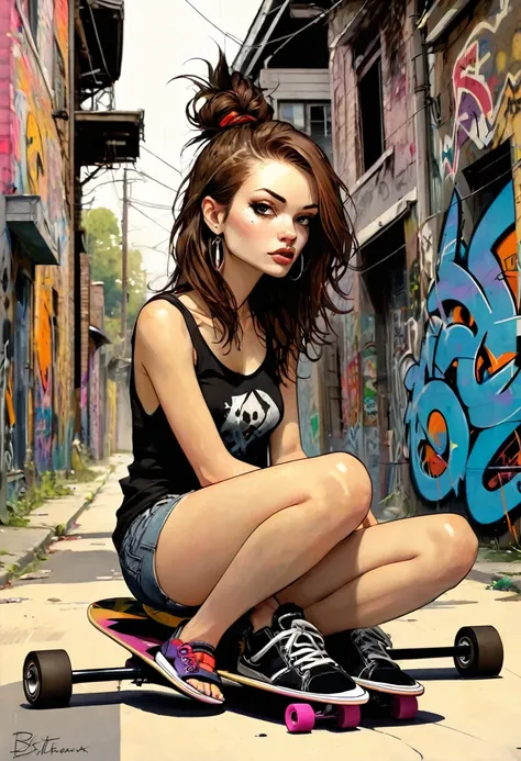 thin girl, small breasts, long brown hair, punk look, sitting on a longboard on a street of abandoned houses full of graffiti, art inspired by Bill Sienkiewicz and Dave McKean
