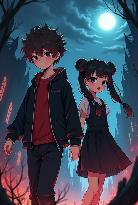 Boy with curly hair, black sweatshirt, Red T-shirt, Black pants, with a girl with black hair pigtails cinnamon bun with black dress, bloodborne, anime style