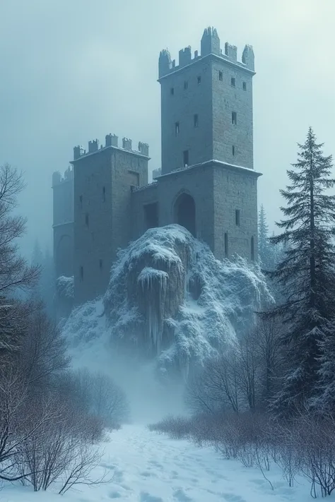 Medieval fantasy ruined fortress, abandoned, deep in the foggy winter forest, build on some big rocks between lots of big old trees, ruined broken walls, destroyed fortress, crashed walls, massive snowfall, lost place, frozen in ice, sunken in snow