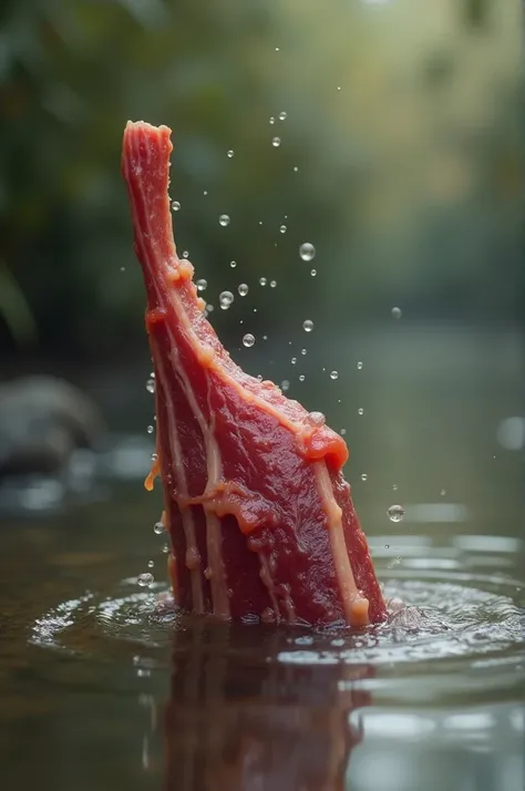  a piece of meat has accidentally fallen into water from a dogs mouth.