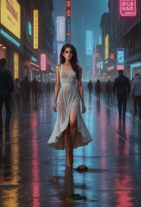 a beautiful cyborg woman, walking through a crowded city street, squatting, wet dress, performance, defile, cityscape, modern architecture, neon lights, rainy environment, reflective surfaces, dramatic lighting, heavy rain, raindrops, downpour, wet hair, w...