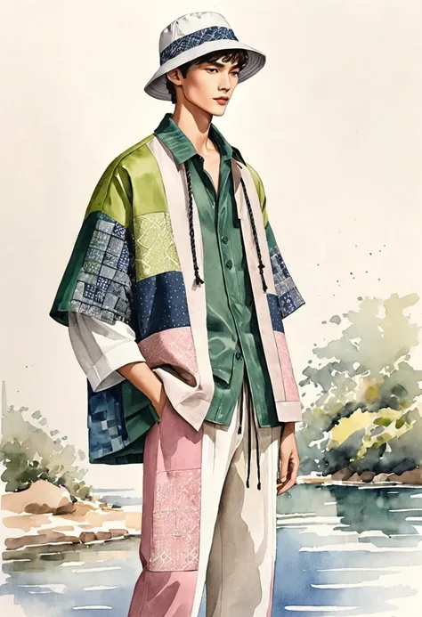 candid fashion illustration of young male supermodels, 20 year old, tall and slender, ((showcase in fashionable linen outfits in...