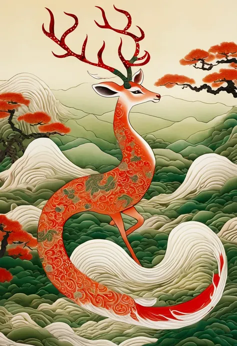 Majestic mythical creatures，There are multiple flowing tails and long, Slender antlers. Its body is decorated with intricate, Red and orange pattern. Stylized mountains in the background，Cool green，Cream sky. This artwork uses exquisite, The ethereal aesth...