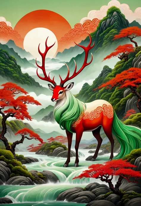 Majestic mythical creatures，There are multiple flowing tails and long, Slender antlers. Its body is decorated with intricate, Red and orange pattern. Stylized mountains in the background，Cool green，Cream sky. This artwork uses exquisite, The ethereal aesth...