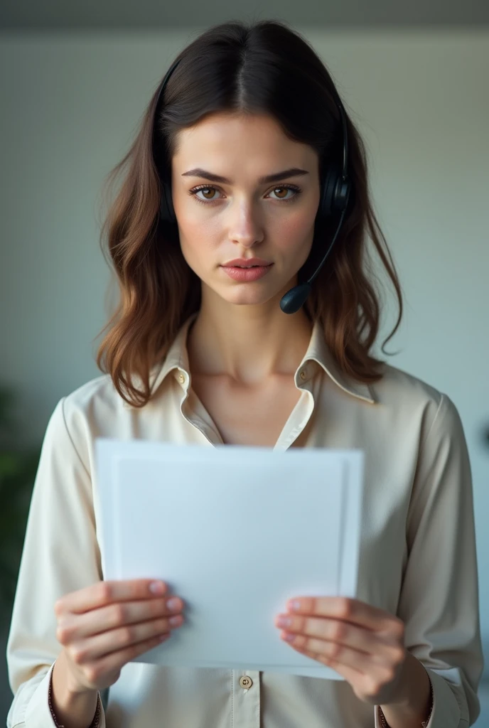 Brunette telemarketer holding paper
