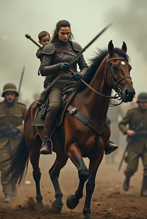 Create a dramatic scene featuring a fierce warrior queen, wearing leather armor with intricate detailing, riding a strong, battle-ready horse. The queen is holding a sword in one hand, poised for combat, while her 2 to  child is securely strapped to her ba...