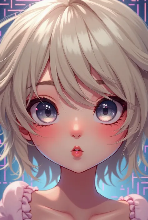 It says "chu", kissing face, cute teen, striking eyes, glossy silky ivory messy wavy short hair, amorous and lewd expression, make up, pink heart mark, delicate and dynamic textures, contrasts of light and shadow, 2.5D, graphic CG digital art, ultra detail...