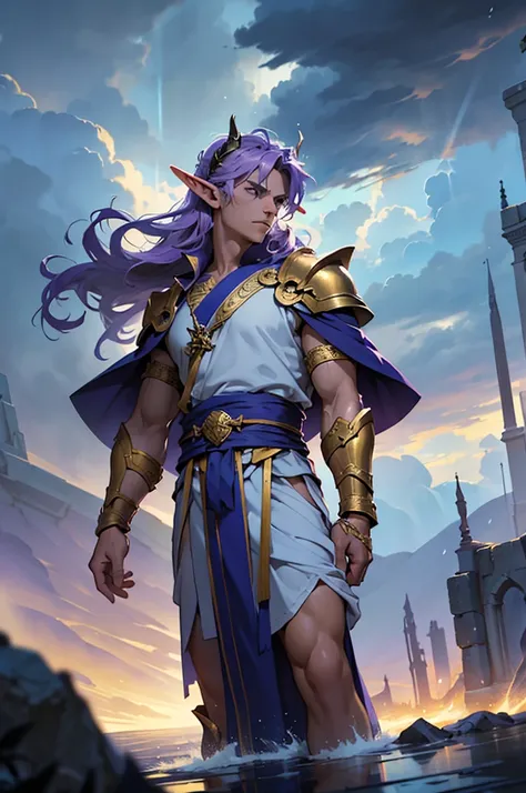 Epic-themed illustration of a character wearing a flowing purple Greek-style robe, golden arm bracers, and a blue sash, set against a stormy sky with heavy clouds and raindrops.  is displayed, adding a dramatic and theatrical context to the scene. elf ears