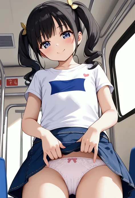 (Highest quality), (masterpiece), (detailed),cute,(One woman),(Inside the train),View your viewers,Black Hair,Twin tails,Pink printed t-shirt,Denim mini skirt,Flat Chest、((Skirt Lift))、((White panties))、View from below、smile