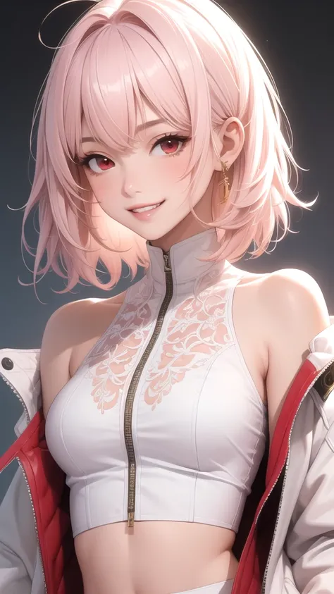 (masterpiece, Highest quality), Intricate details, thin, ((slim)), beautiful girl, Light pink hair, White skin, Red eyes, Sharp jawline, Cropped jacket, Messy Hair, lips, Upper Body, close, Grin