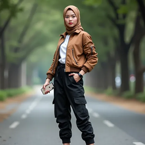 Beautiful Indonesian woman, smooth white skin, well-groomed face, cool expression, contemporary hijab style, wearing a hed pon, brown bomber jacket, arms bent at the elbows,,, White shirt, black cropped pants, lots of pockets, black sneakers, backpack, coo...