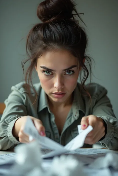 Telemarketer brunette with light eyes, tied up hair, tearing paper 