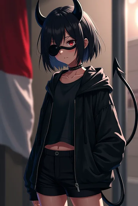 Anime girl wearing black clothes with a picture of Indonesia on the left wearing short black hair wearing white downfall wearing black devil horns wearing a white eye patch on the left wearing a black mask wearing a plain black jacket wearing black shorts ...