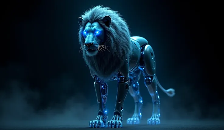 A robot ghost lion black and sky blue mixed in black background and blue eyes watching in front