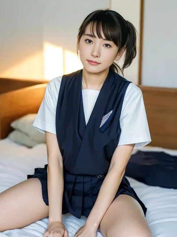 (Masterpiece, Best quality:1.4), (Ultra realistic, Photo-realistic:1.2), Full body, Natural light, 2 actress, Japanese women, Neat and clean, (Sailor suit, School, short sleeve suit, Dark navy pleated skirt, Dark navy ribbon), White socks, (Short wavy Pony...