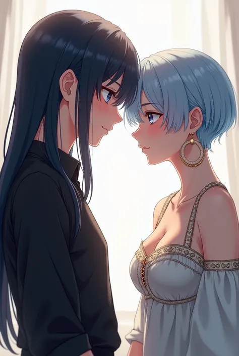 8k, detailed, HDR, elegant, Illustrate an anime-style scene of two characters. One of them has straight, dark hair, wearing a black shirt, with a soft and confident expression. The other has short, bleached blue hair, wearing an elegant outfit, with a hoop...